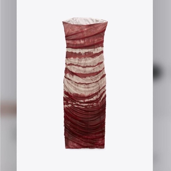 Zara Printed Tulle Strapless Corset Sheath Midi Draped Stretch Dress Bloggers S - Picture 5 of 16